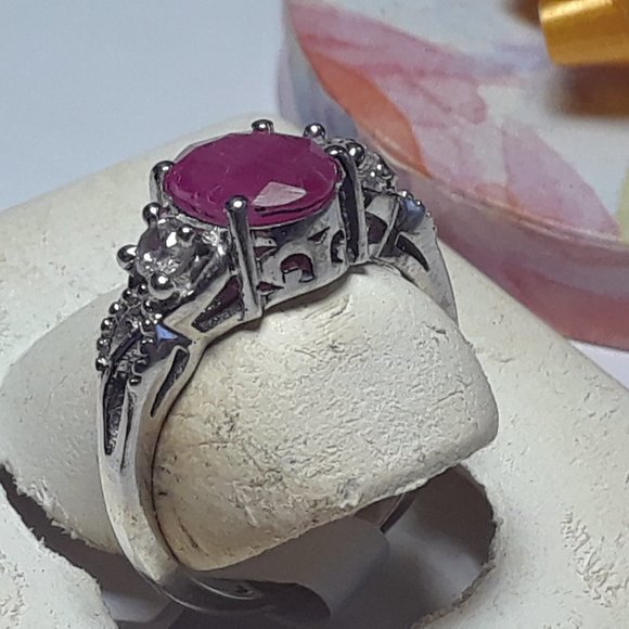 Estate 1.65cttw Natural Oval Ruby & Rd CZ Victorian Sterling Silver Ring #17764 - Picture 3 of 6